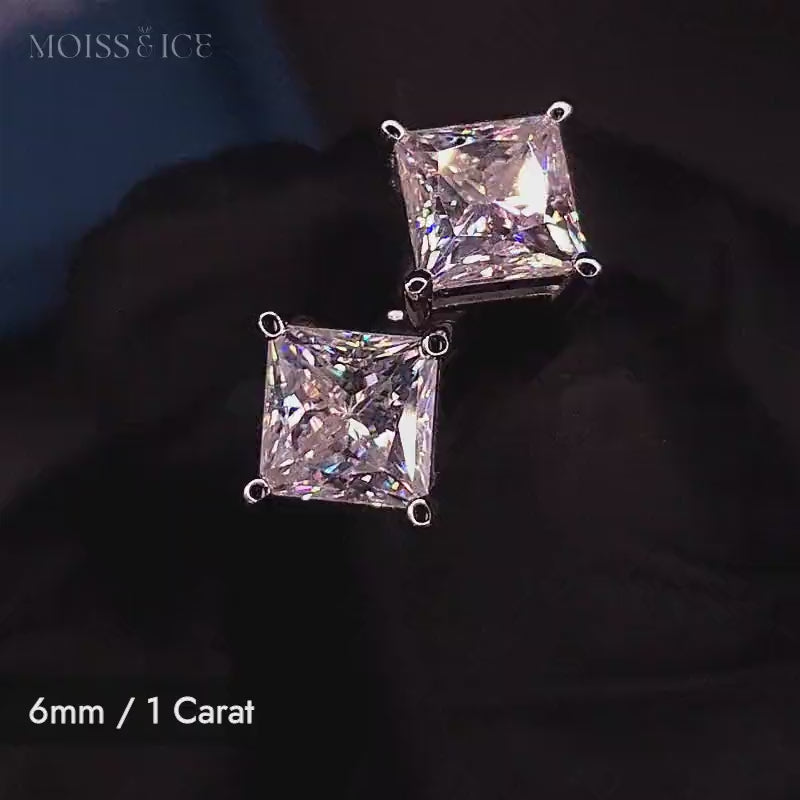 Close Up of our 1 carat 6mm Princess Cut Moissanite Stud Earrings by Moiss & Ice Canada