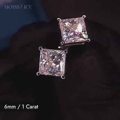 Close Up of our 1 carat 6mm Princess Cut Moissanite Stud Earrings by Moiss & Ice Canada