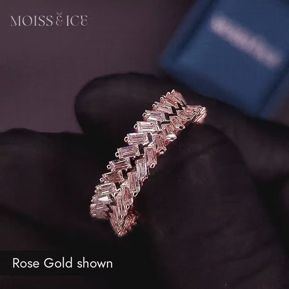 Moissanite Ring with baguette stones in rose gold from Moiss and Ice Canada