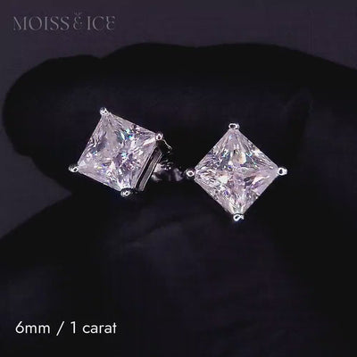 Close Up of our 1 carat 6mm Princess-Cut Moissanite Stud Earrings