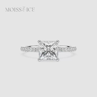 Video of White Gold Princess Cut Pavé Moissanite Engagement Ring with hidden halo called the INDIRA by Moiss and Ice Canada