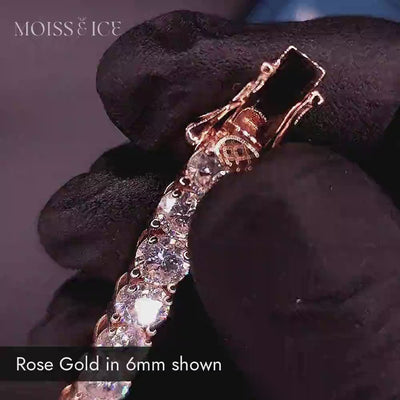 Close up video of our Rose Gold Moissanite Tennis Chain shown in 6mm.