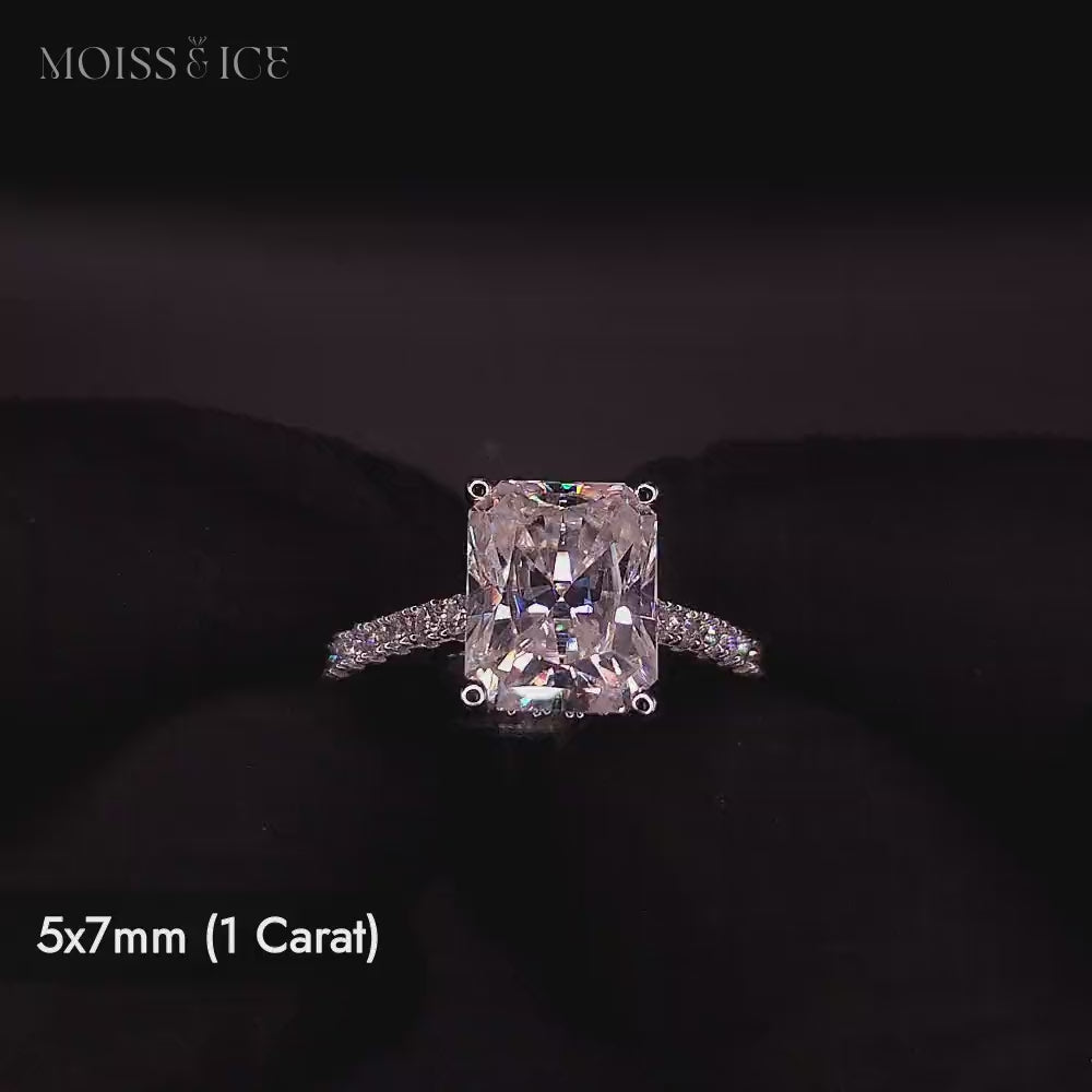 Radiant cut moissanite engagement ring  with a 1 carat stone, hidden halo and pave band with a bridge - the Aavya by Moiss and Ice Canada