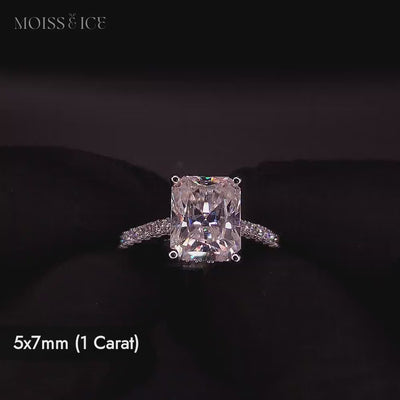 Radiant cut moissanite engagement ring  with a 1 carat stone, hidden halo and pave band with a bridge - the Aavya by Moiss and Ice Canada