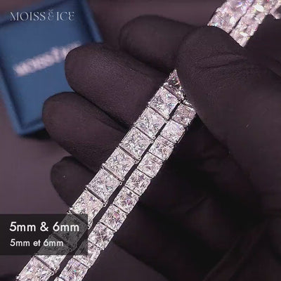 5mm and 6mm princess cut moissanite tennis and bracelet chain shown close up by Moiss & Ice Canada