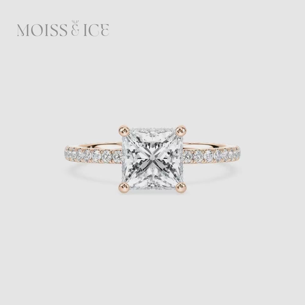 Video of our Rose Gold Princess Cut Pavé Moissanite Engagement Ring with hidden halo called the INDIRA by Moiss and Ice Canada