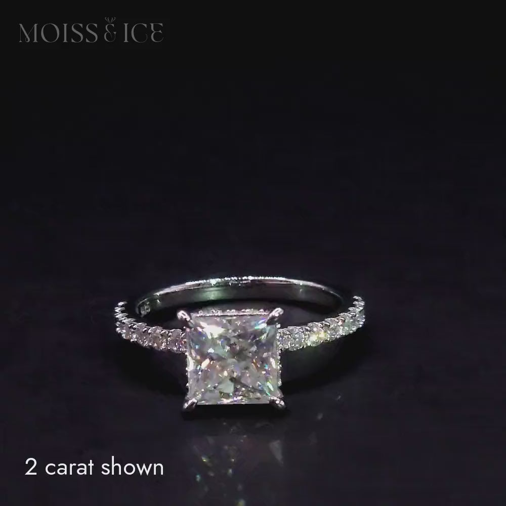 Video of 2 carat White Gold Princess Cut Pavé Moissanite Engagement Ring with hidden halo called the INDIRA by Moiss and Ice Canada
