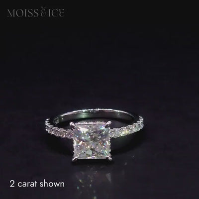 Video of 2 carat White Gold Princess Cut Pavé Moissanite Engagement Ring with hidden halo called the INDIRA by Moiss and Ice Canada