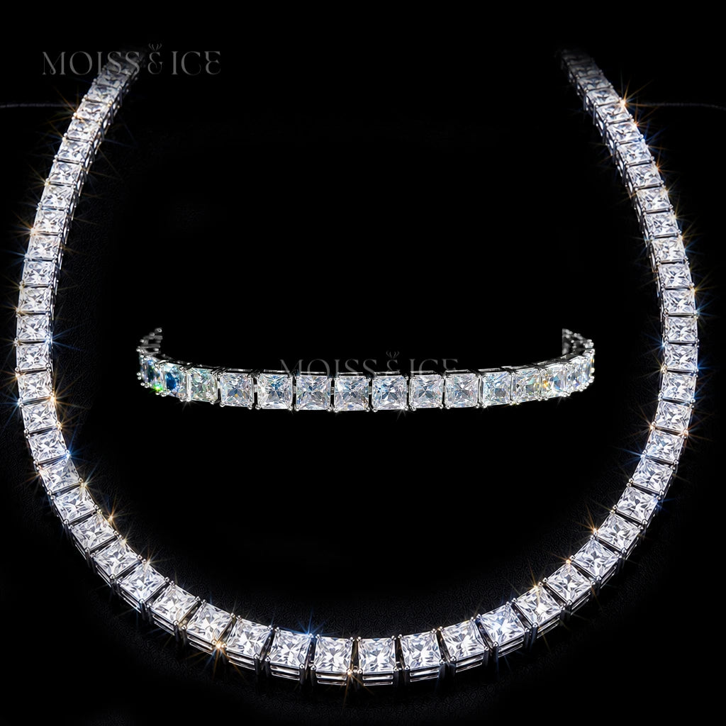 A sparkling white gold moissanite princess tennis necklace and matching moissanite princess-cut tennis bracelet set by Moiss and Ice Canada.