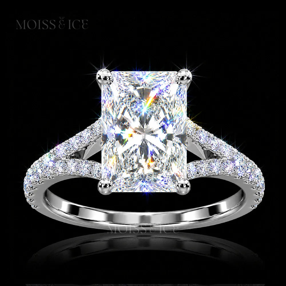 The Veera - Radiant cut moissanite engagement ring in white gold, with a split shank pave band from Moiss and Ice Canada