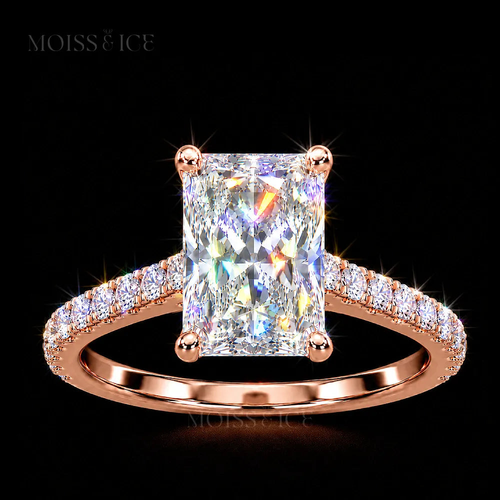 Radiant cut rose gold Moissanite Engagement Ring with a hidden halo, diamond bridge and Pave band. The Aavya Moiss and Ice Canada