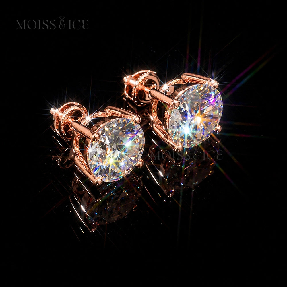 Rose Gold Moissanite solitaire stud Earrings, finished with layer of 18k gold over 925 silver