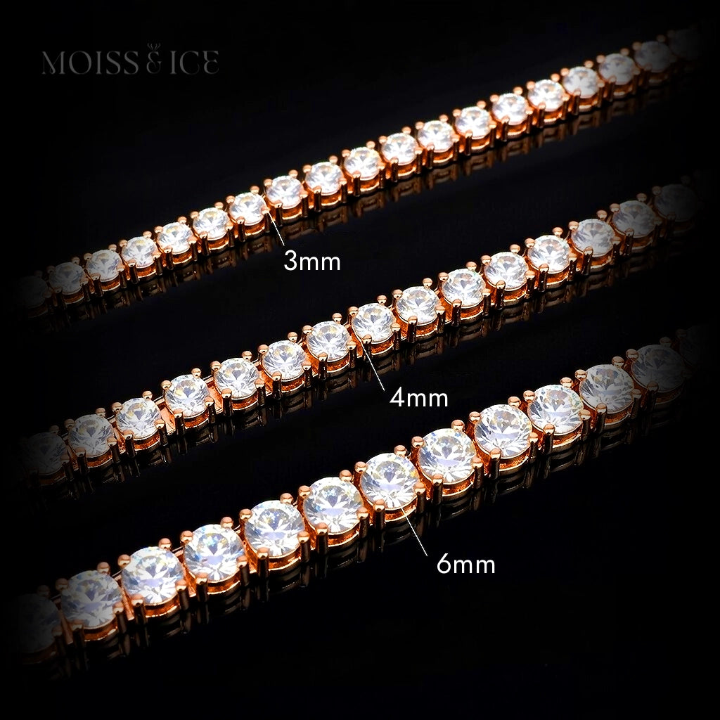 20 inch Moissanite Tennis necklace in silver with a thick 18k rose gold finish from Moiss and Ice Canada