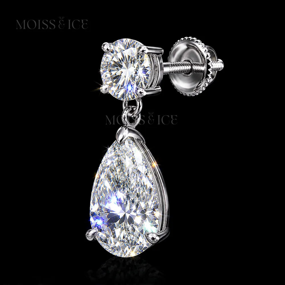 Side angle showing screw back - A pair of sparkling Moiss & Ice pear drop earrings featuring round brilliant-cut moissanite studs and pear-cut moissanite drops in white gold settings.