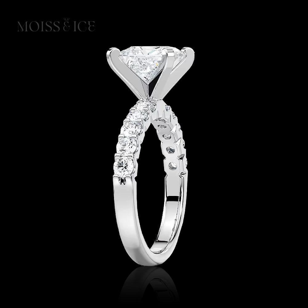 Side view of a Princess Cut Pavé Moissanite Engagement Ring called the INDIRA by Moiss and Ice Canada