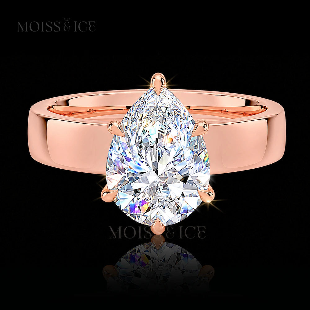 Rose Gold Moissanite Engagement Ring with a wide band - Solitaire Pear stone - called the The Shakti by Moiss and Ice Canada