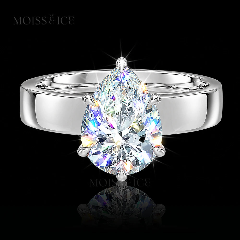 White Gold Moissanite Engagement Ring with a wide band - Solitaire Pear stone - called the The Shakti by Moiss and Ice Canada