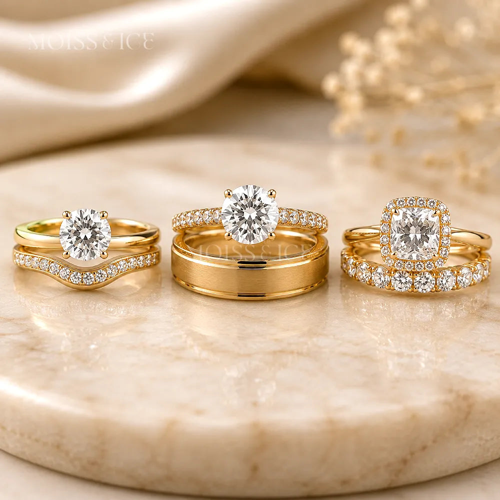 Various weddings bands to match engagement rings in Gold and Silver with and without moissanite stones by Moiss and Ice Canada