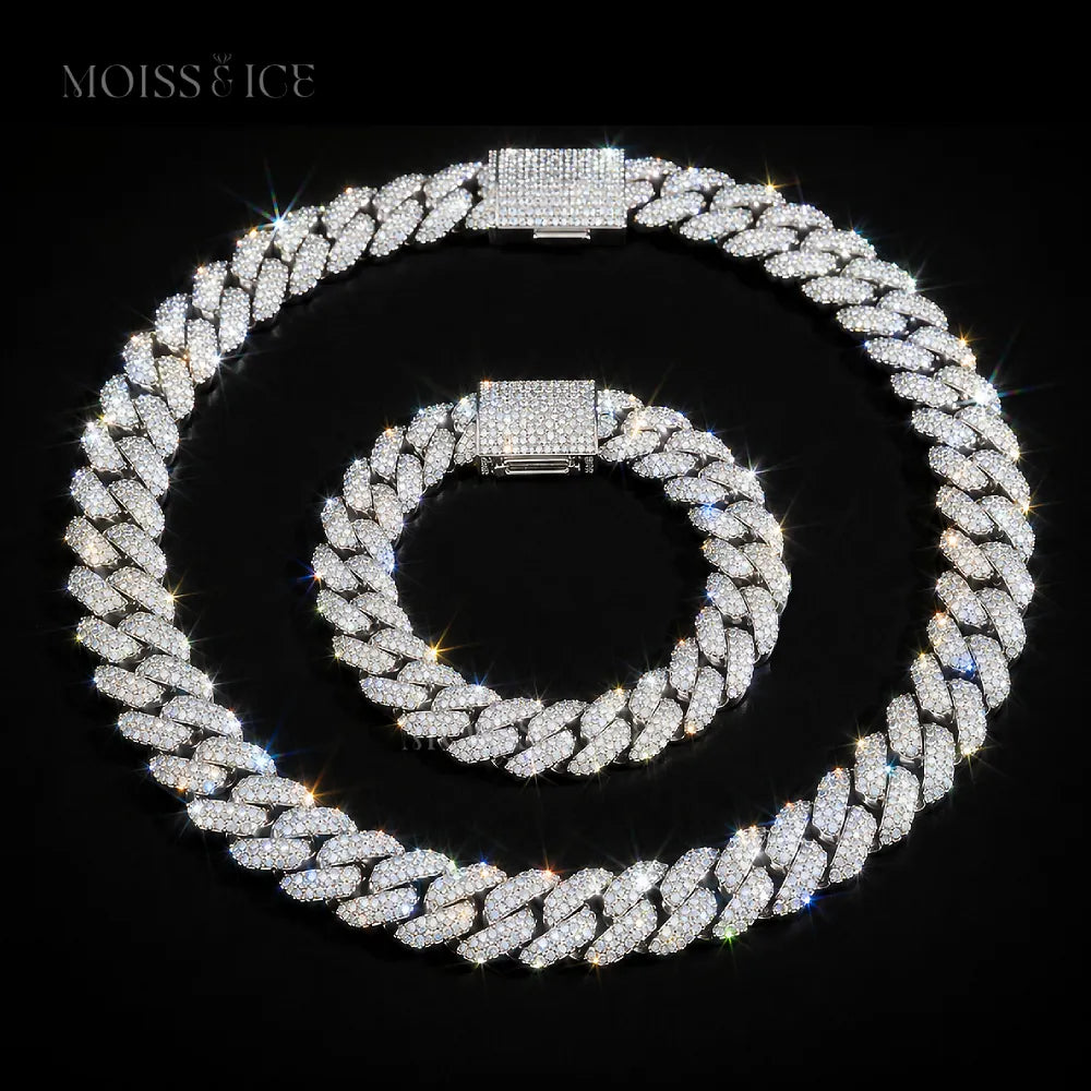 White Gold Cuban Chain and Cuban Bracelet matching set with Moissanite stones. Signature set from Moiss and Ice Canada