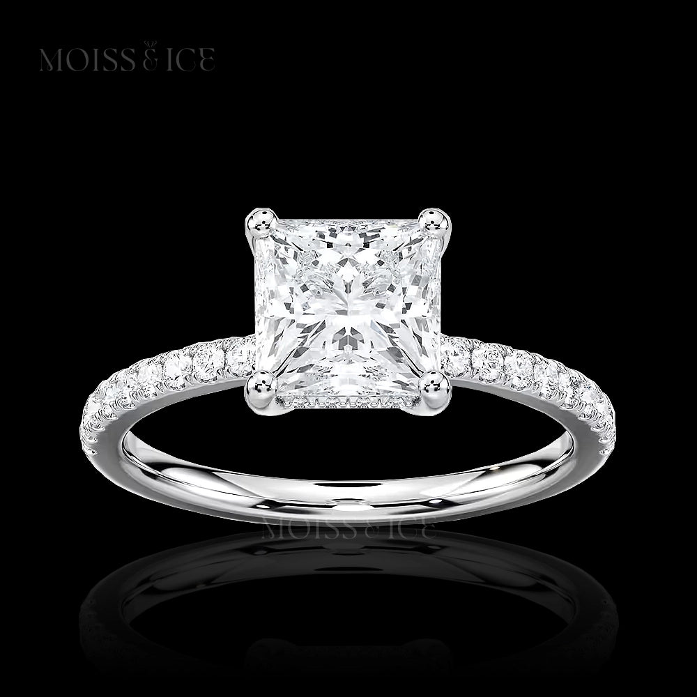 White Gold Princess Cut Pavé Moissanite Engagement Ring with hidden halo called the INDIRA by Moiss and Ice Canada