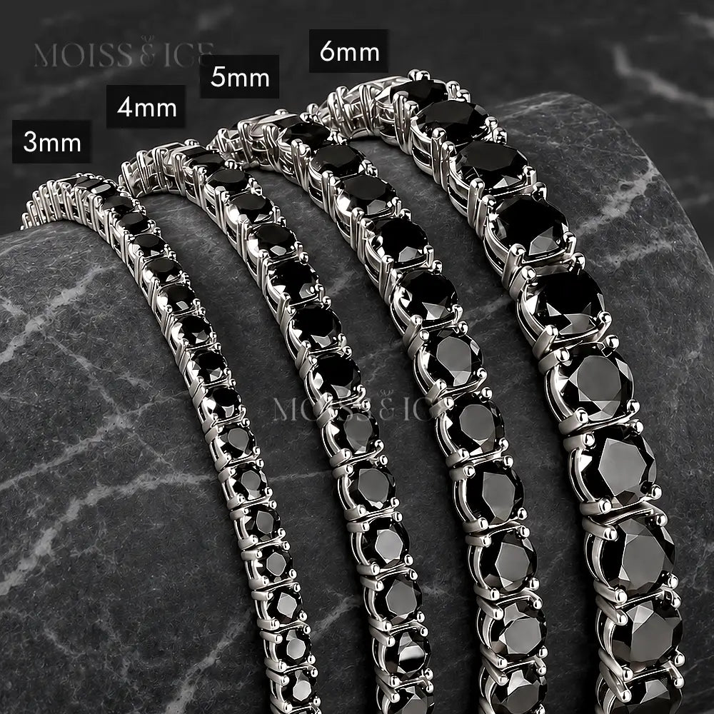 Different width sizes of black moissanite tennis chains in white gold and bracelets shown in white gold. From 3mm, 4mm, 5mm and 6mm. By Moiss and Ice Canada