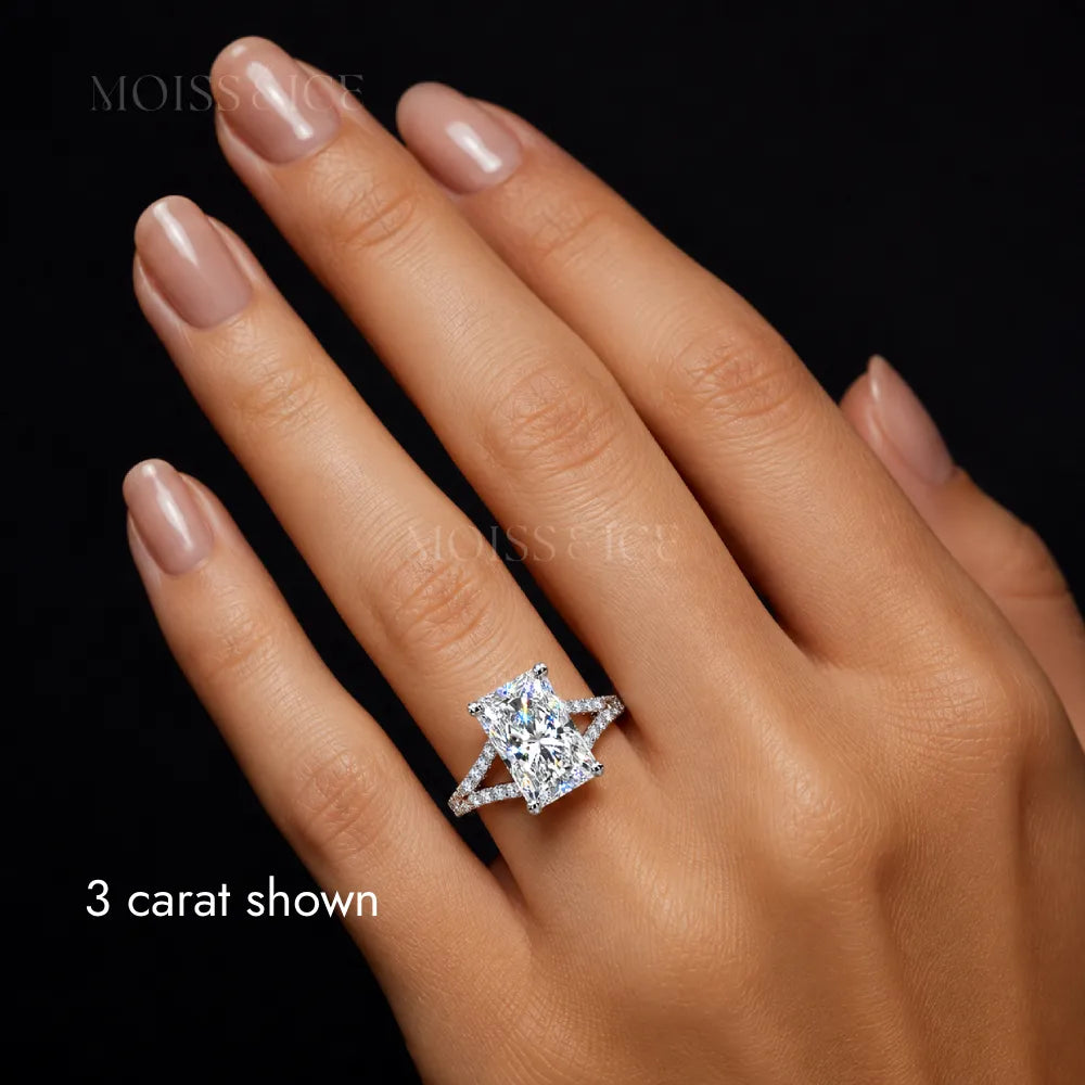 Close up of woman wearing a 3 carat radiant cut Lab-Grown Diamond engagement ring with split pave band by Moiss and Ice Canada