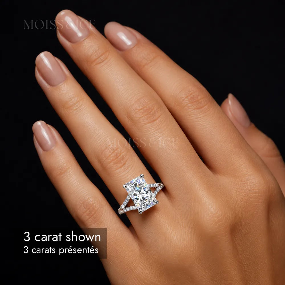 Close up of woman wearing a 3 carat radiant cut moissanite engagement ring with split pave band by Moiss and Ice Canada