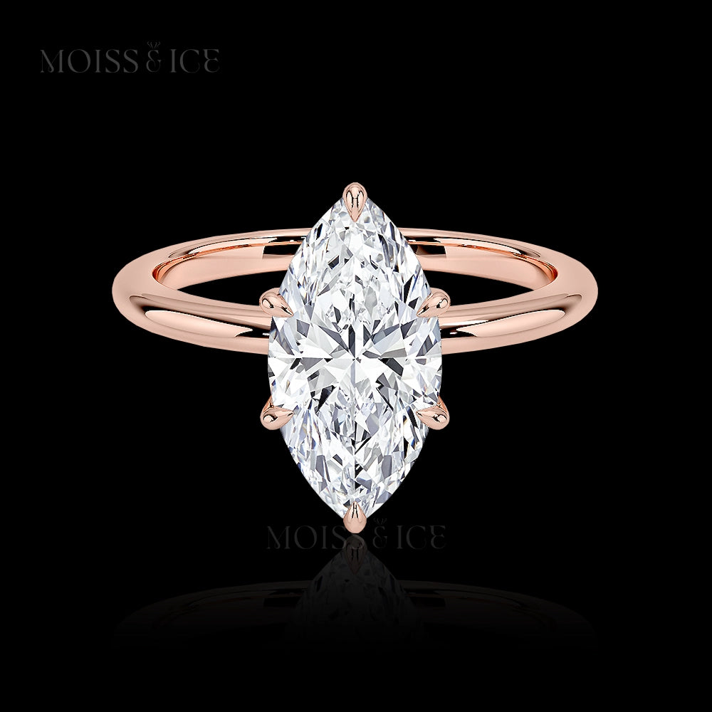 The Amaira - Women's Moissanite Marquise Engagement Ring with 6 prongs and a hidden halo in rose gold